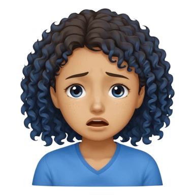 white young curly hair girl, brown hair, with a blue shirt, in despair crying sticker