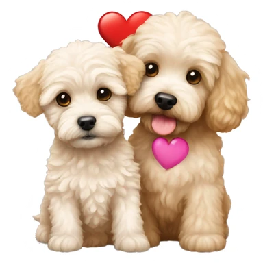 Maltipoo and a golden doodle puppy together with a heart sticker