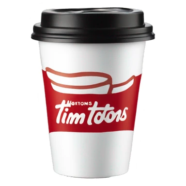 “Red Tim Hortons coffee cup with large white ‘Tim Hortons’ logo in script, black plastic lid, and a simple, clean design.” sticker
