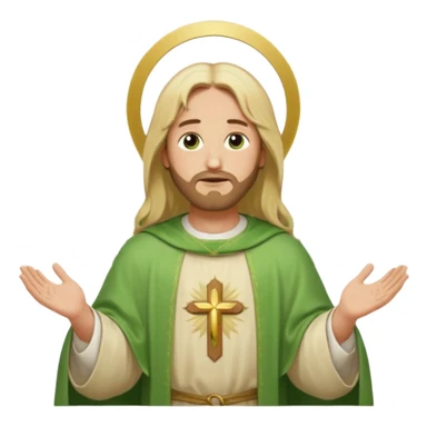 Jesus, green eyes, blonde hair, light green chasuble. opening arms, gazing thoughtfully. Soft light, subtle fern. Waist-up, profile. sticker