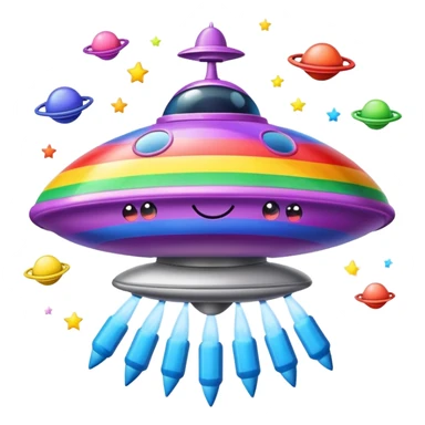 A colorful rainbow crayon character riding on top of a flying saucer UFO in space sticker