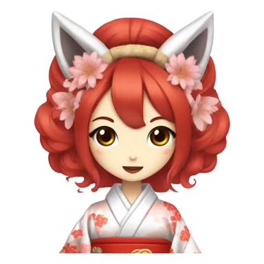 hime gyaru girl, kimono, red hair, kitsune mask sticker