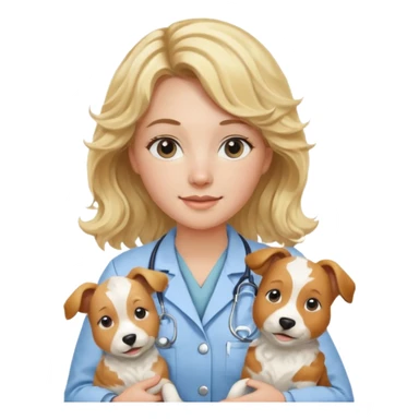 Joven mujer, de cabello bajo los hombros rubio con ondas, veterinaria de perros, vacas y caballos, con traje clínico celeste, sin delantal sticker