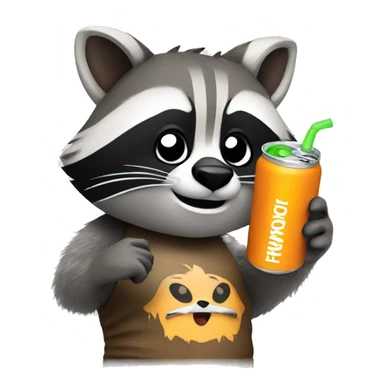 Raccoon holding an energy drink sticker
