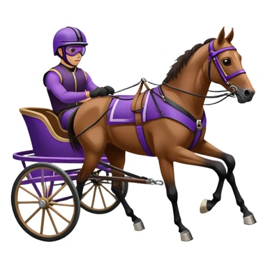 A brown harness racing horse. The sulky, a lightweight two-wheeled cart, is painted in black and attached to the horse’s harness. A driver, dressed in purple, is seated in the sulky not on the horse, wearing a purple helmet with goggles. sticker