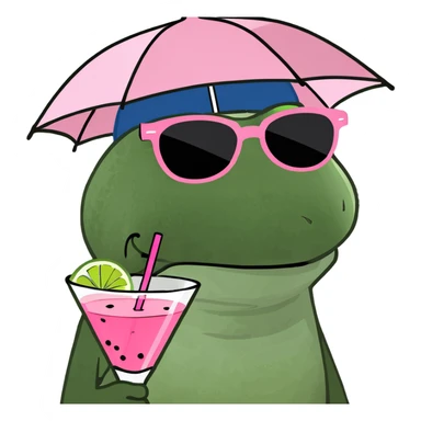 Bufo frog in a relaxed lounging pose, with umbrella hat, sunglasses, holding a pink cocktail, classic Bufo meme style, no background. sticker