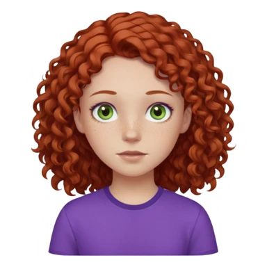 pale white teen girl with light blueish green eyes and freckles with brownish red curly middle part hair and purple shirt sticker