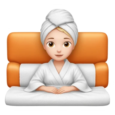 spa A contented and relaxed girl with a towel on her head in a white robe lies on a couch. The icon displays the couch and the girl in full three-quarter view. sticker