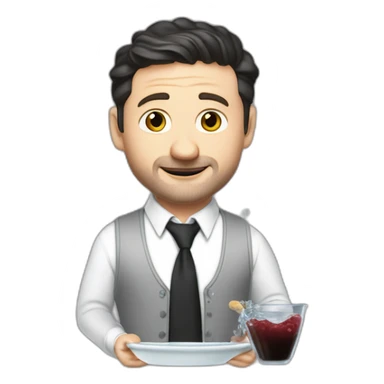 tim robinson dark black slicked back hair white long sleeve waffle shirt with a light grey vest pouring water on a steak -tie sticker