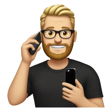 White man, 
wearing black circle glasses, smiling, straight hair with a high comb to the brown side, beard, holding a cell phone next to his face, black t-shirt with a pineapple sticker