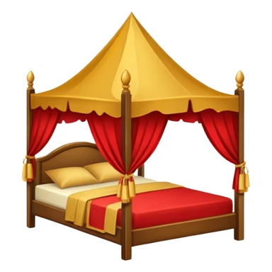 bed with red and gold sheets, wooden, canopy, simple sticker