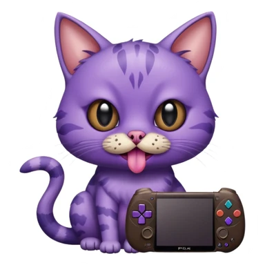 purple cat with huge eyes smelly lines and their massive brown tongue out also a playstation next to it and an ostrich on its back realistic sticker