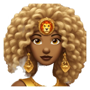 Create an emoji of a confident woman with voluminous lion-like hair, bold makeup, and gold jewelry, embodying the Leo zodiac sign with a regal expression and fiery energy. And a headgear of Leo sign sticker