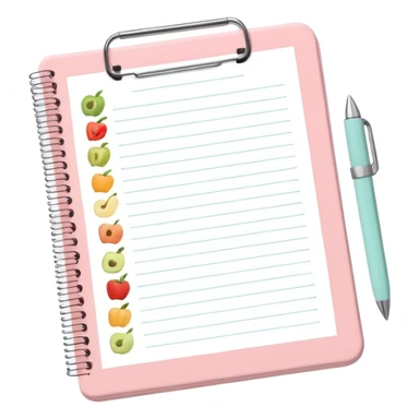 Emoji of checklist notebook with healthy food icons, nutrition planning, flat minimal emoji, pastel colors sticker