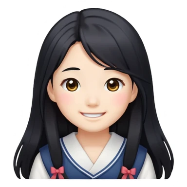 Happy Japanese schoolgirl with long black hair and blushing face sticker