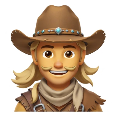 clash-of-clans-aesthetic_-cinematic-playful-cowboy-portrait-emoji, head-tilted with a roguish, cheeky grin and twinkling eyes, featuring a rugged, spirited build with a wide-brimmed cowboy hat and a weathered bandana on tan skin, riding a powerful galloping horse with dynamic flowing mane, reins gripped firmly in one hand and a lasso in the other, as dust swirls behind them in a vast desert landscape. sticker