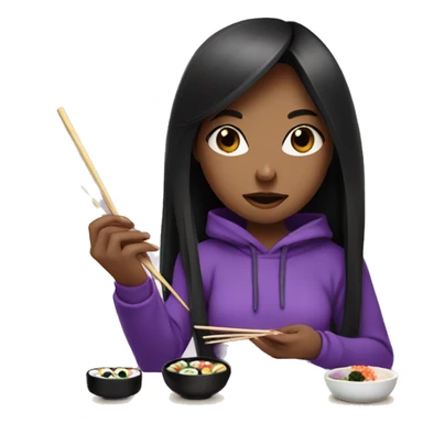 Long black hair girl with black eyes purple hoodie eating sushi with chopsticks  sticker