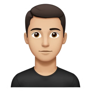 Young man with light brown skin, elongated face, defined jawline, medium dark eyes, arched eyebrows, straight nose, friendly expression, short dark hair styled upward, athletic build, wearing a fitted black t-shirt sticker