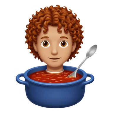 a white man with brown curly hair swimming in a pot of sauce sticker
