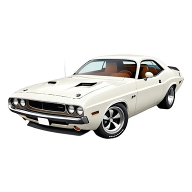 White 1971 Dodge Challenger with sharp details, precise three-quarter view at 30 degrees, accurate muscle car proportions, visible front bumper and fender, pure white finish, iOS emoji style sticker