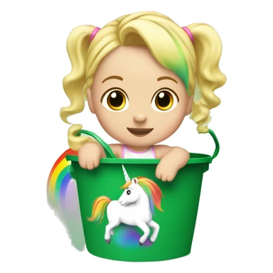 Blonde baby girl, inside of a green bucket riding a unicorn with rainbow hair ￼ sticker