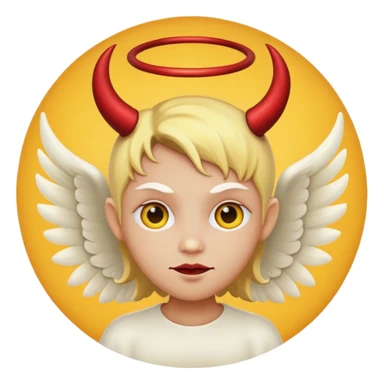 mush up the devil emoji with the angel one, I want it to be angel with devil horns, make it the classic yellow circle face sticker