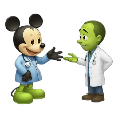 Mickey Mouse giving shrek a medical exam sticker
