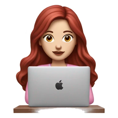 Woman with a white skin that has Long Dark red hair and brown eyes with an eyeliner and lashes coding on a pink macbook sticker