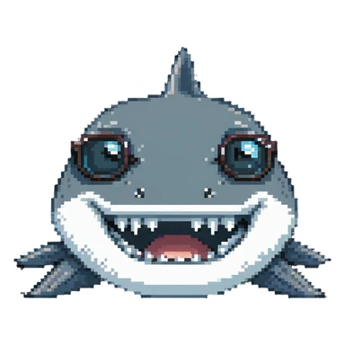 pixelated shark smiling with white teeth wearing dark sunglasses sticker