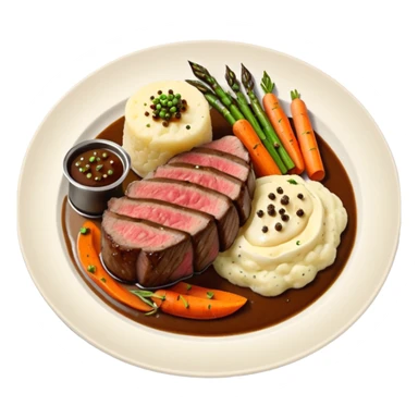 Medium rare Wagyu steak on a bed of creamy garlic mash potatoes couples with pan seared carrots and apparus and a lovely black pepper truffle sause  sticker