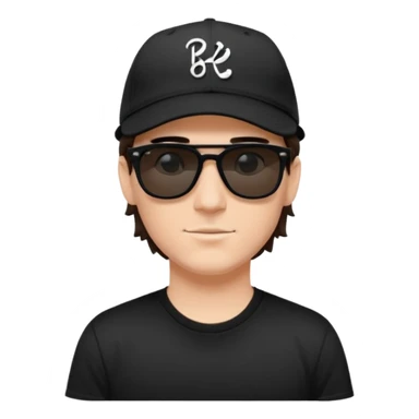 “Emoji of a white man with dark brown hair under a black baseball cap, wearing a black t‑shirt and 1980s‑style black Ray‑Ban rectangle sunglasses, with black musical notes floating around his head,  sticker