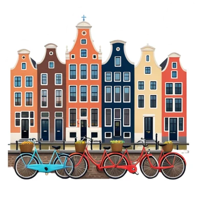 Cinematic Realistic Amsterdam Canal Houses Landmark Emoji, featuring narrow, gabled facades in vibrant colors reflecting on the calm canal waters, with bicycles lining the cobblestone streets. sticker