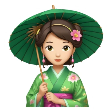 Japanese Princess with paper umbrella, green kimono sticker