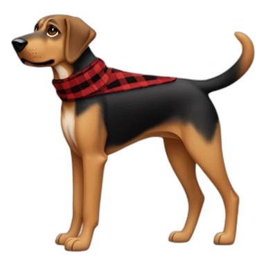 adult 75% Coonhound 25% German Shepherd mix dog with visible tail wearing small pointed red buffalo plaid bandana full body walking left quickly sticker