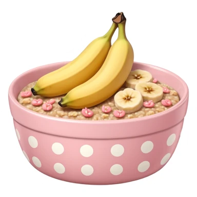 baked oats in a bowl like oat meal with a couple banana slices on top that look a little bit caramelised and a light pink bowl with white polka dots sticker