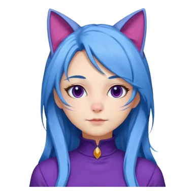 The image is a 3D rendering of a female character with long blue hair and cat ears on her head. She is wearing a purple outfit with a high neckline and long sleeves.  sticker