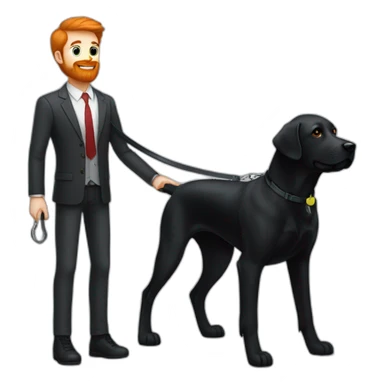 a handsome, slender man in a  sporting a red beard, standing next to a black Labrador dog, holding it on a leash sticker