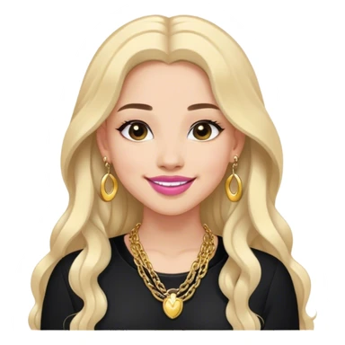 A little cool toned girl with black thick open long hair smiling and her lips should be a lil pink in a black outfit with gold top earrings and a gold chain sticker