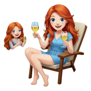 Laughing redhead with long hair and blue eyes holding white wine sitting in chair beside fire pit sticker