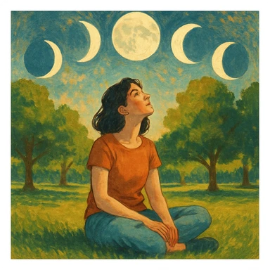 artistic illustration of a woman sitting on the grass in a park, looking up, surrounded by the moons of the 4 phases sticker