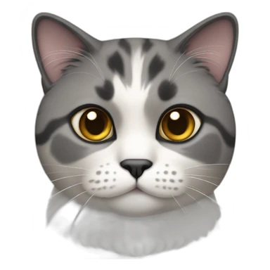 senior chubby diluted calico cat, grey bottom-chin, black nose, grey ears, grey and white sticker