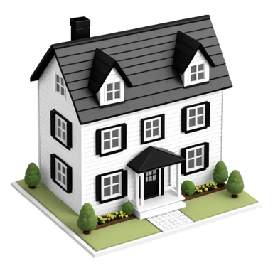 modern farmhouse dollhouse, 3d isometric, white with black trim sticker