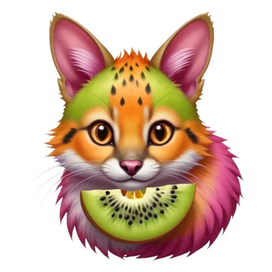 Hyper realistic  tropical-fruit-splash-colored fur of kiwi-lime-gradients, papaya-orange, and dragonfruit-pink chaos beautiful elegant pretty precious cute  Fakémon-Pokémon-opossum-feline-serval-caracal-chinchilla-Furret-Minccino-hybrid-creature with a big fluffy bushy tail (full body) sticker