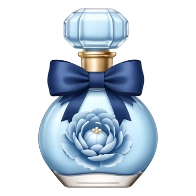 pearl blue vintage style perfume bottle and navy colored peonies and a powder blue bow sticker