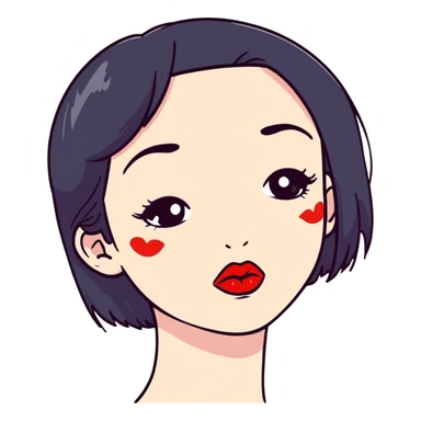 Cute girl with black hair and red lipstick kiss marks on her face sticker