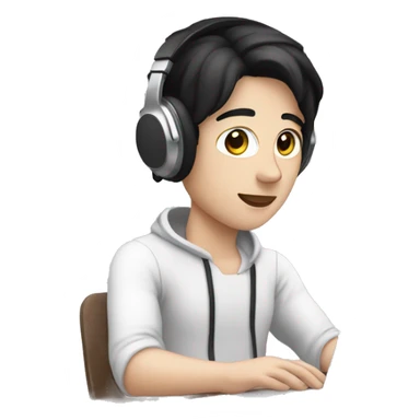 A white skinned person with black hair and brown eyes editing videos on laptop with headphones sticker
