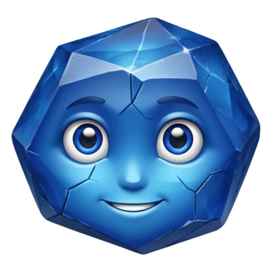 A single sapphire-blue faceted rock head, chunky and worn, with a few visible cracks and chipped facets but still shiny, big kind eyes and a confident smile, 3 sticker