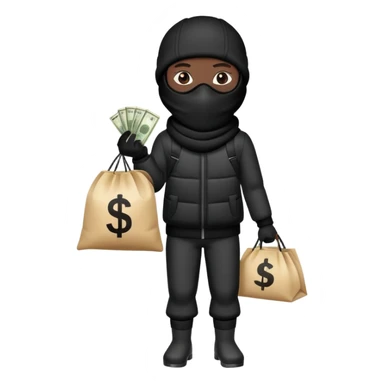 Black Ski mask holding bags of money with  skin color black sticker