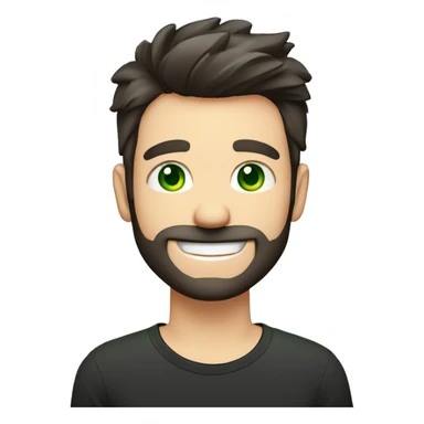 Handsome man with dark hair, gradient short hair on the side, green eyes. Big smile and thin face. Black t-shirt. A little beard. The man have to got an letter card next to his face sticker