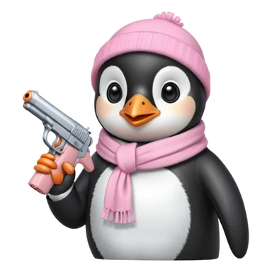 cute penguin wearing light pink bow scarf and holding light pink gun  sticker